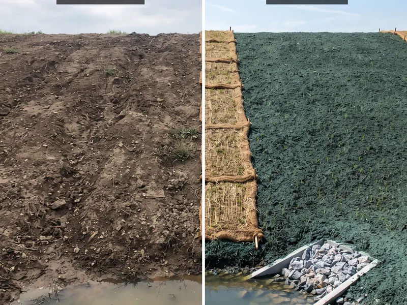 Before and after of a detention pond bank restoration, bare eroding soil transformed to stabilized bonded fiber matrix with erosion control blanket